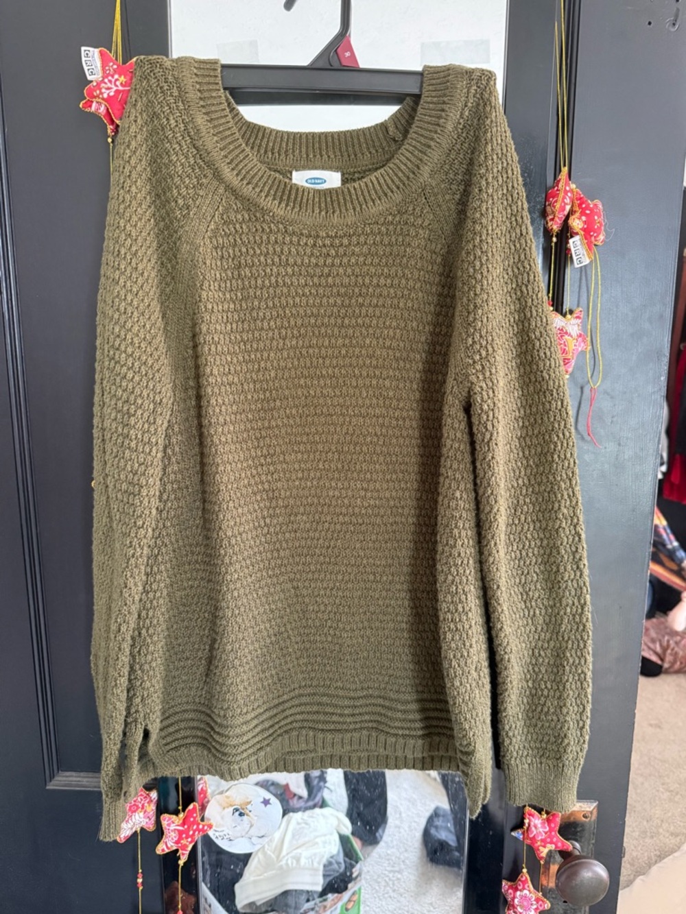 Olive Green Knit Sweater - Casual Crewneck for Women